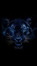 Neon blue tiger portrait on black with glowing eyes.