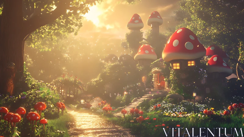 Sunlit mushroom village glows in an enchanted forest path.