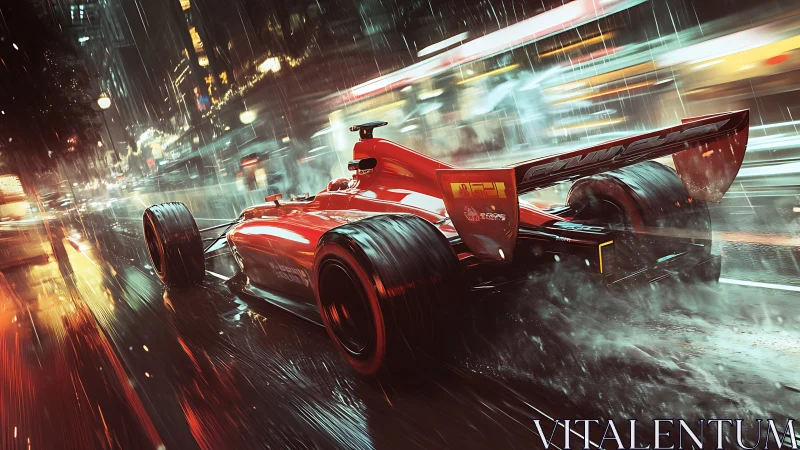 Red Formula car cuts neon city street through pouring rain.