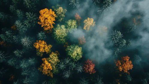 Autumn forest canopy from above in drifting morning fog.