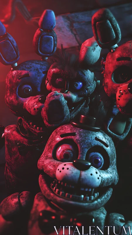 Distressed animatronic rabbits under harsh colored light.