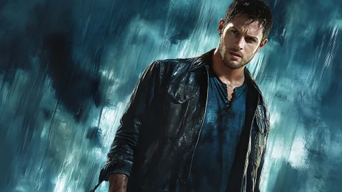 Wet man in dark jacket standing against stormy teal sky.