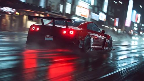 Red sports coupe on wet urban street at night in motion.