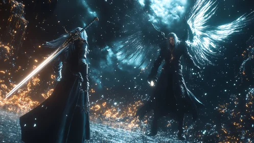 Wings of starlight clash above a burning crystalline abyss.