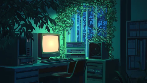 Retro computer workstation stands near window with dense foliage