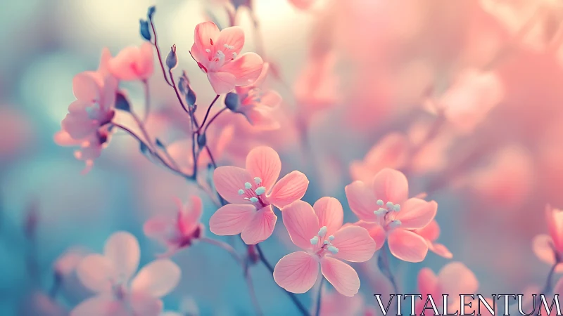Soft coral blossoms in dreamy teal and blush bokeh field.