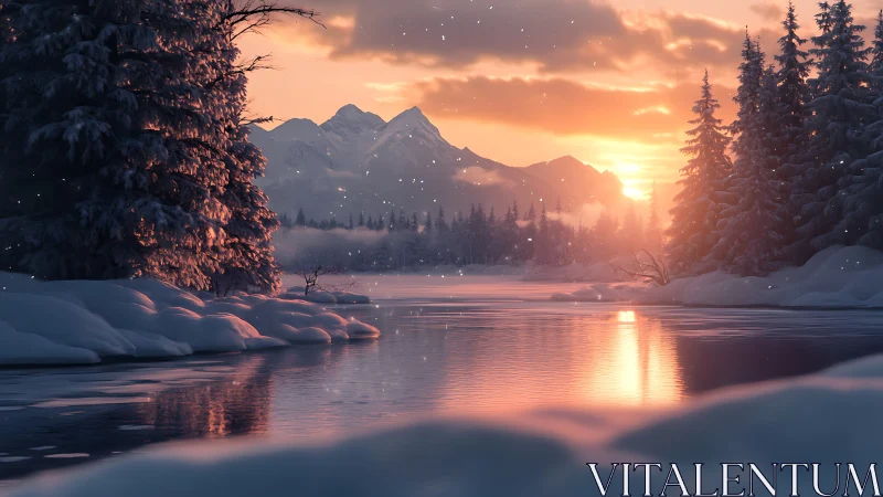 Winter alpine river reflects volumetric sunset illumination
