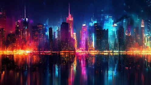 Neon skyline burns across reflective cyberpunk waterfront.