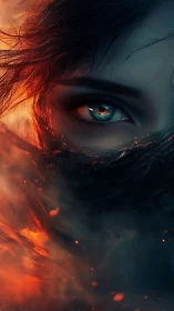 Fiery female eye peers through swirling embers and shadow