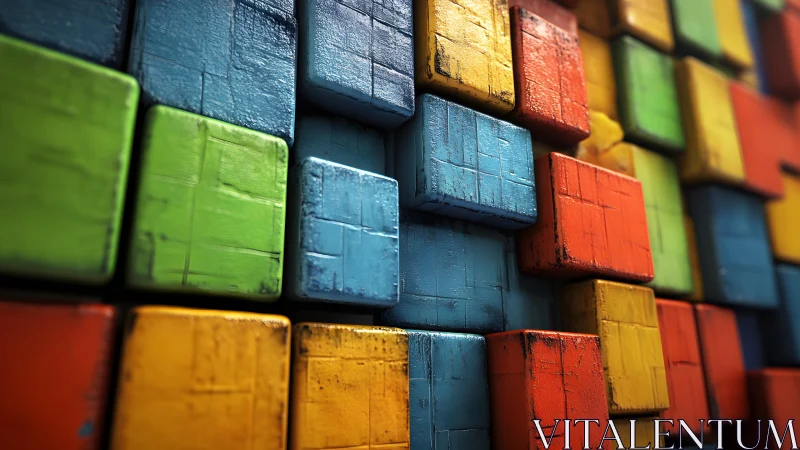 Stacked color blocks in worn geometric parade of depth.