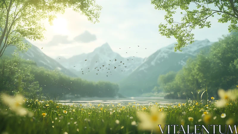 Mountain lake valley with wildflowers under soft daylight.