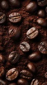 Macro roasted coffee beans on textured ground espresso surface