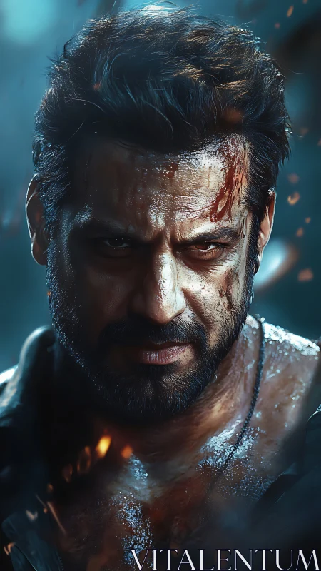 Bloodied male warrior portrait in dramatic blue lighting.
