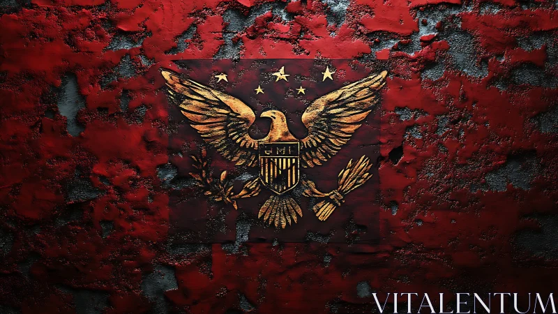 Gilded heraldic eagle relief on distressed red wall.