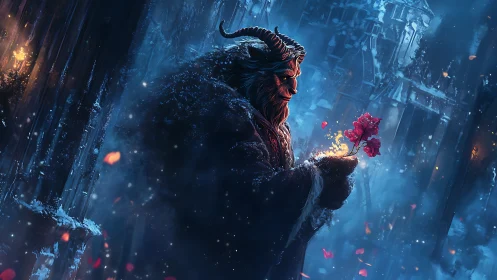 Horned beast cradles burning rose in frozen blue ruin.