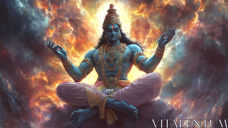 Blue-skinned seated figure levitates against luminous clouds