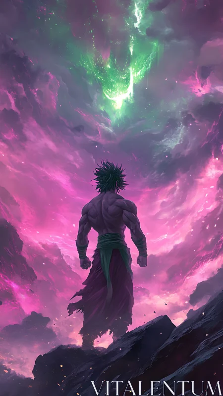 Muscular figure on rocky ledge under vivid cosmic sky.