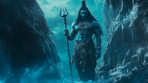 Blue-skinned trident-bearing figure stands in misty rock gorge