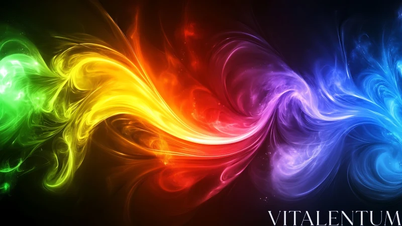 Flowing spectral light waves merge across dark void.