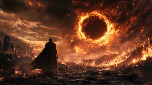 Cloaked figure before circular fiery vortex in wasteland.