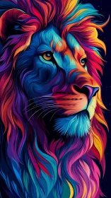 Vivid multicolor lion portrait in stylized digital art.