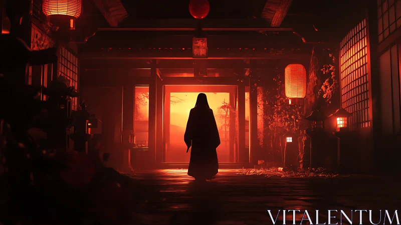 Lone cloaked figure in lantern lit Japanese hallway at dusk.