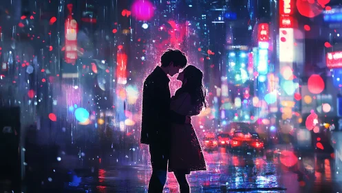 Neon city rain kiss wrapped in soft evening glow.