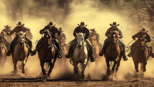 Cowboys driving galloping horses through cinematic dust storm.