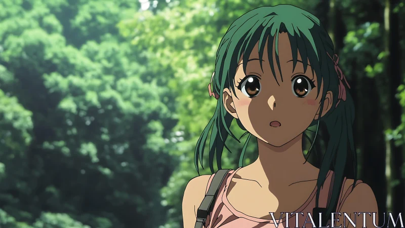 Anime girl stands in sunlit forest with curious expression