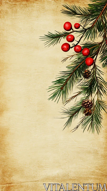 Vintage Christmas pine branch with berries on parchment border.