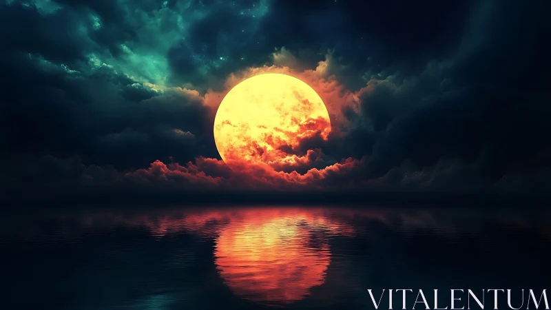 Molten moonrise ignites stormy night over mirrored waters.