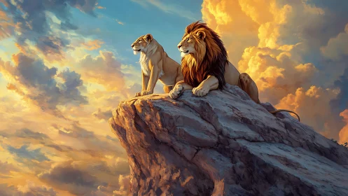 Two lions positioned on rocky outcrop with dramatic golden hour cloud formations