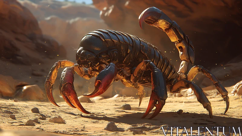 Armored desert scorpion creature in rocky canyon scene.