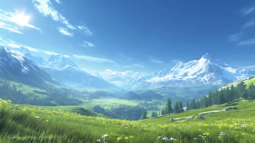 Digital matte alpine panorama with luminous valley depth.