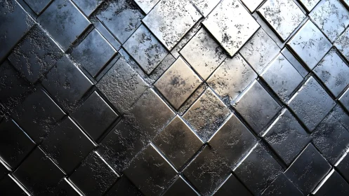 Metallic Diamond Tile Wall with Textured Industrial Finish.