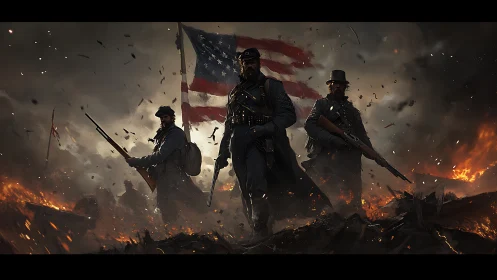 Civil War soldiers stride through burning battlefield inferno