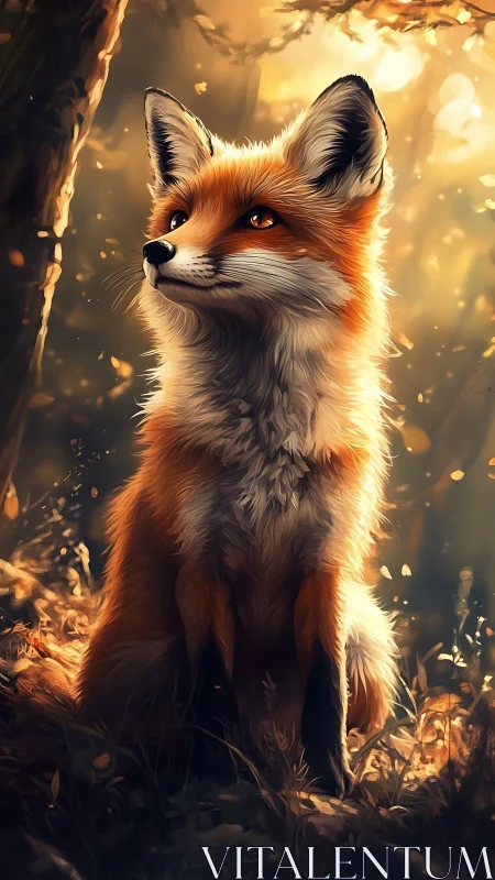 Golden forest fox sits in warm backlit autumn glow.