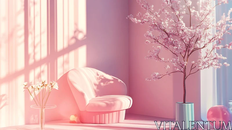 Soft pink reading corner glows with gentle cherry blossoms