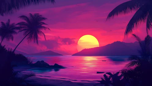 Neon-tinted tropical sunset bathes calm island lagoon in light.