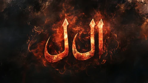 Molten Arabic calligraphy glows within swirling firestorm