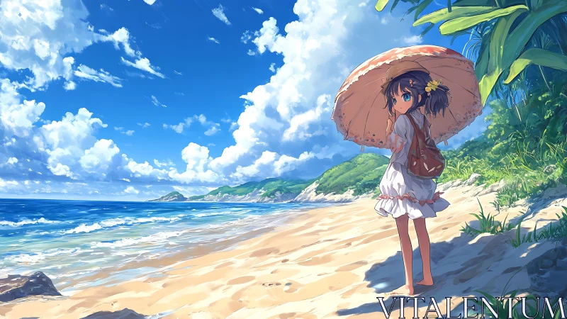 Sunlit parasol girl quietly bookmarks a perfect beach day