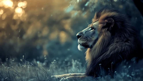 Male lion resting in ethereal golden dusk light.