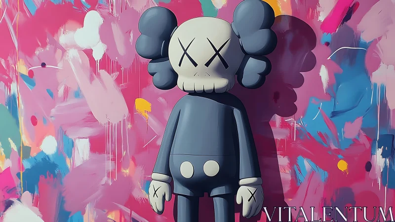 Gray cartoon figure stands before vibrant abstract wall