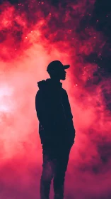 Silhouetted dreamer standing in glowing pink cosmic haze.