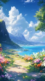 Sunlit coastal path winding through bright wildflower dreams.