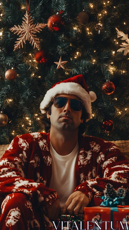 Cool Santa in pajamas chills beneath glowing Christmas tree.