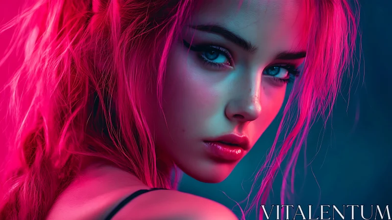 Neon-lit close-up portrait with cyan-magenta dual lighting.