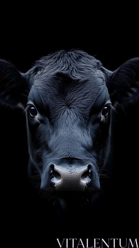 Midnight bovine portrait in glossy shadow-kissed focus.