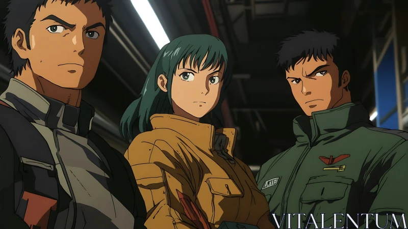 Determined anime pilots stand united in a dim hangar