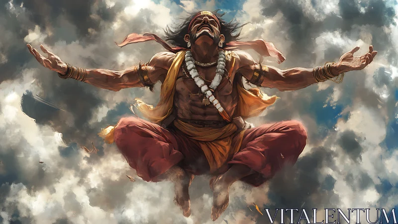 Dynamic digital painting of levitating ascetic in storm clouds.